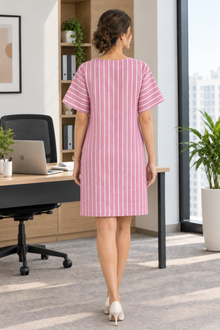 Pink White Stripe Linen Blend Shift Dress with patch pocket
