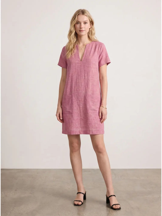 Pink Linen Blend Shift Dress With Patch Pocket