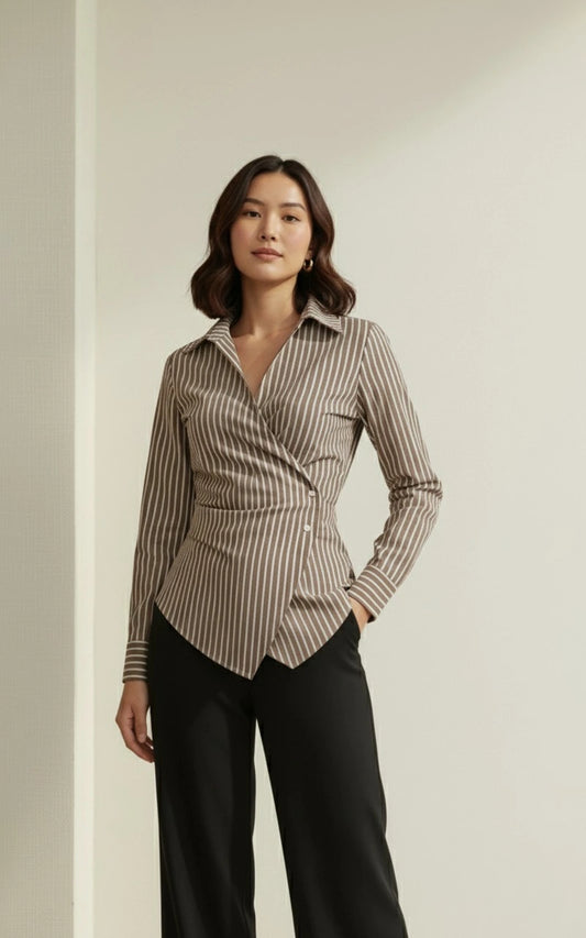 Brown & White Striped Wrap Shirt
