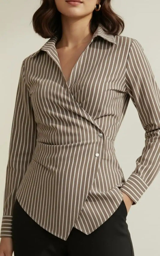 Brown & White Striped Wrap Shirt