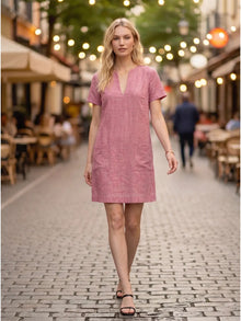 Pink Linen Blend Shift Dress With Patch Pocket