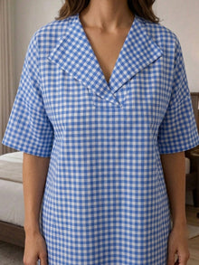 Blue Gingham Check Cotton Night Suit Set with Half Sleeve Top & Pant