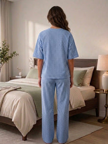 Blue Gingham Check Cotton Night Suit Set with Half Sleeve Top & Pant