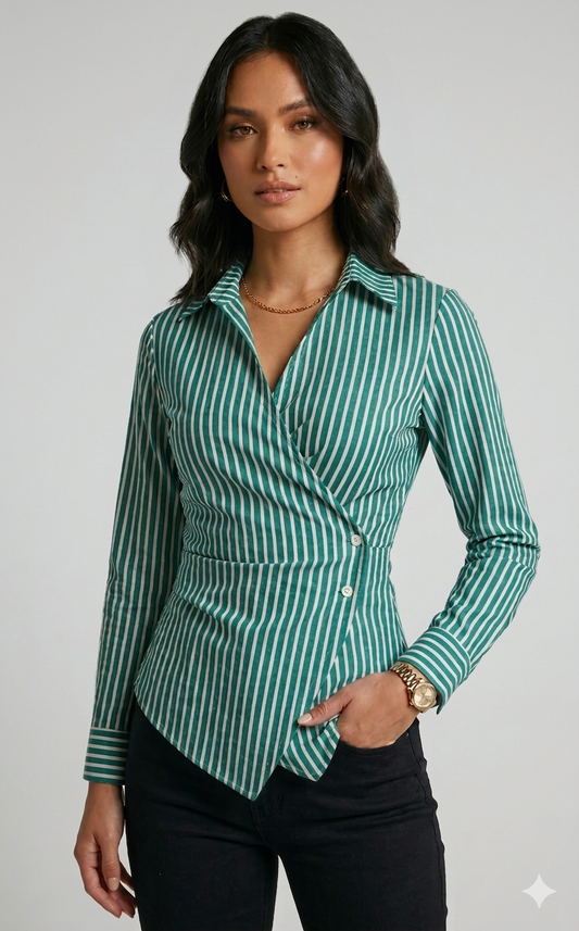 Green & White Striped Wrap Shirt