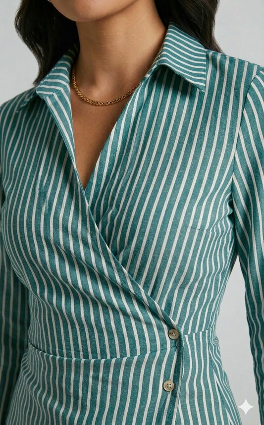 Green & White Striped Wrap Shirt