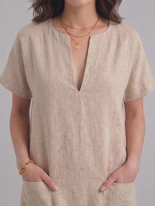 Beige Linen Blend Shift Dress with patch pocket