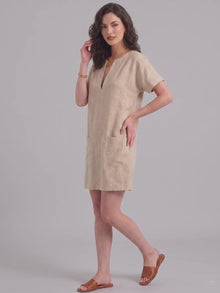 Beige Linen Blend Shift Dress with patch pocket