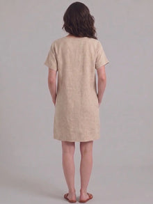 Beige Linen Blend Shift Dress with patch pocket