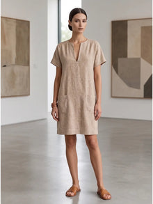 Beige Linen Blend Shift Dress with patch pocket