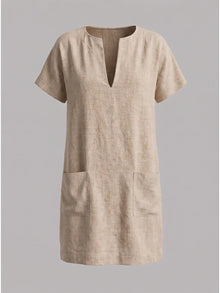 Beige Linen Blend Shift Dress with patch pocket