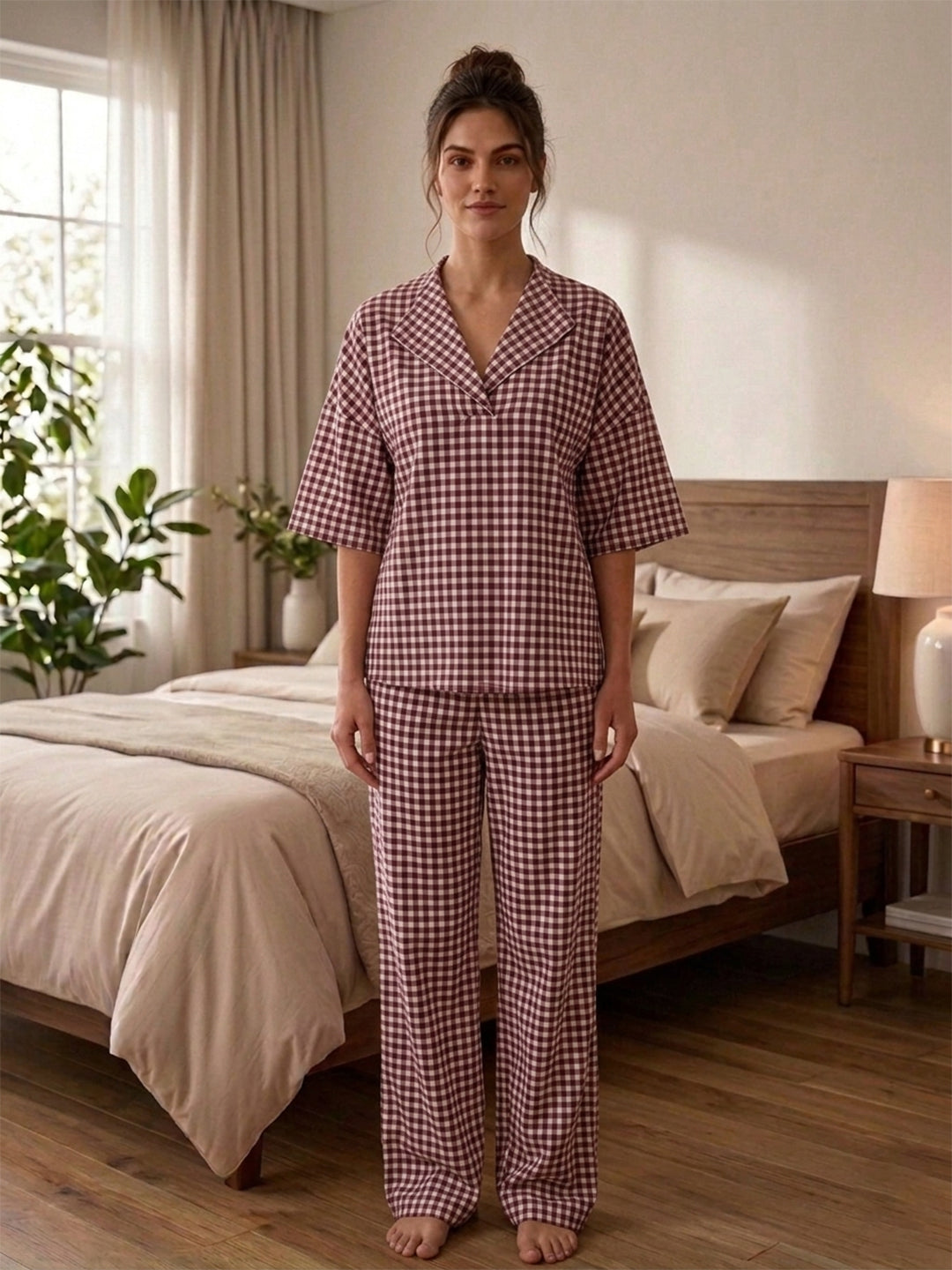 Maroon Gingham Check Cotton Night Suit Set with Half Sleeve Top & Pant