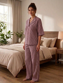 Maroon Gingham Check Cotton Night Suit Set with Half Sleeve Top & Pant