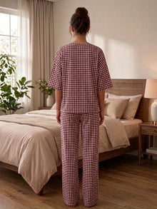 Maroon Gingham Check Cotton Night Suit Set with Half Sleeve Top & Pant