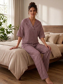 Maroon Gingham Check Cotton Night Suit Set with Half Sleeve Top & Pant