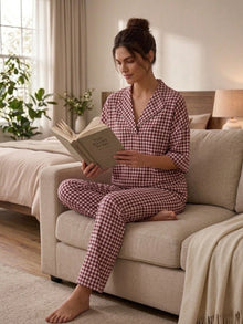 Maroon Gingham Check Cotton Night Suit Set with Half Sleeve Top & Pant