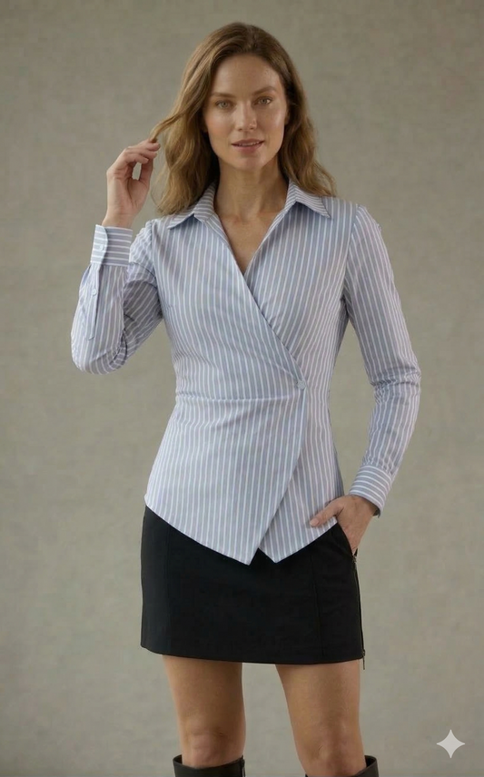 Blue & White Striped Wrap Shirt