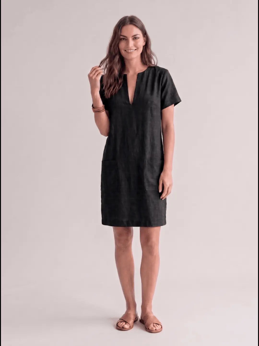 Black Linen Blend Shift Dress with patch pocket