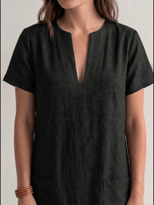 Black Linen Blend Shift Dress with patch pocket