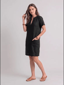 Black Linen Blend Shift Dress with patch pocket