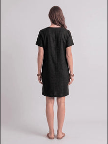 Black Linen Blend Shift Dress with patch pocket