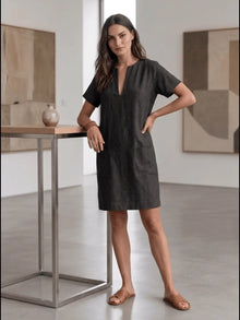 Black Linen Blend Shift Dress with patch pocket