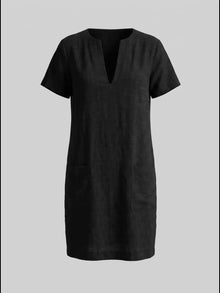 Black Linen Blend Shift Dress with patch pocket