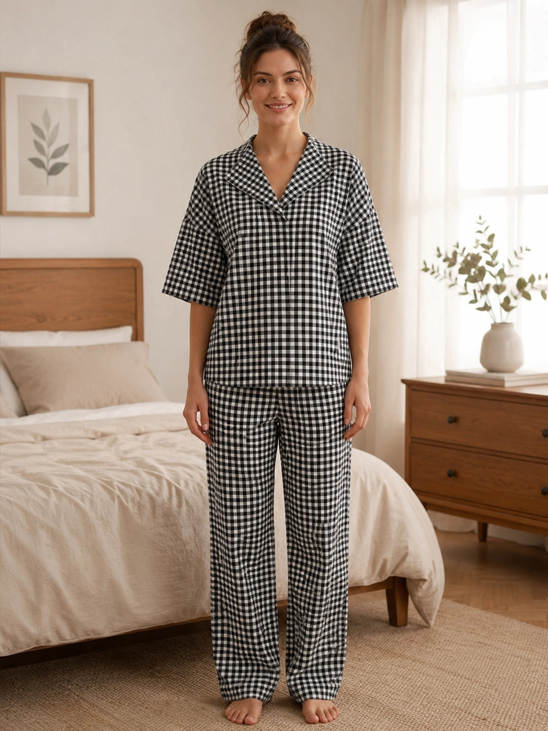 Black Gingham Check Cotton Night Suit Set with Half Sleeve Top & Pant