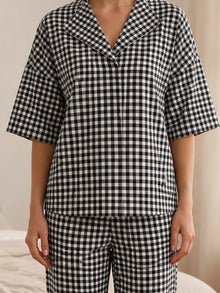 Black Gingham Check Cotton Night Suit Set with Half Sleeve Top & Pant