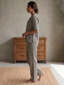 Black Gingham Check Cotton Night Suit Set with Half Sleeve Top & Pant