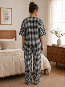 Black Gingham Check Cotton Night Suit Set with Half Sleeve Top & Pant