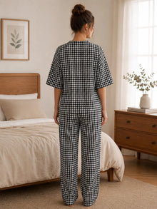 Black Gingham Check Cotton Night Suit Set with Half Sleeve Top & Pant