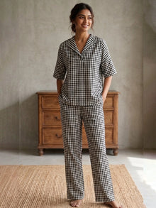 Black Gingham Check Cotton Night Suit Set with Half Sleeve Top & Pant