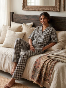 Black Gingham Check Cotton Night Suit Set with Half Sleeve Top & Pant