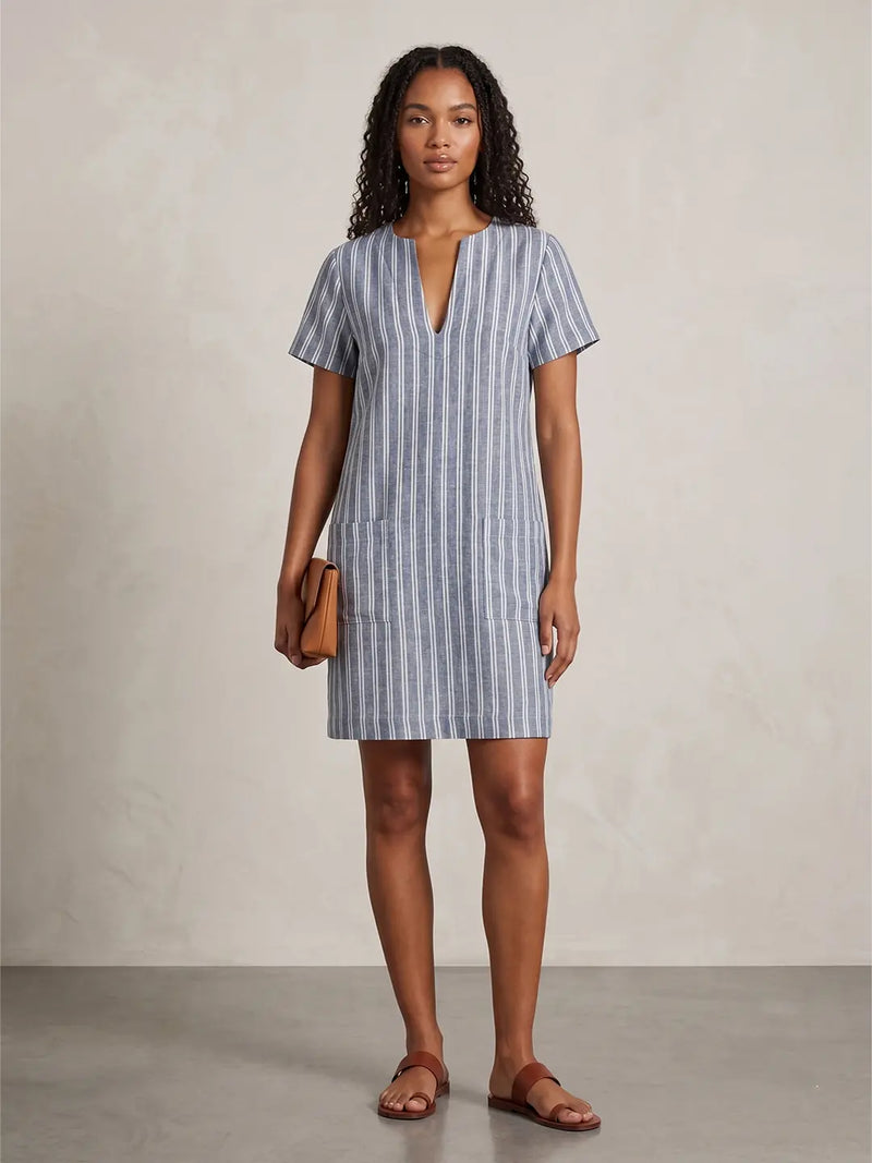 Blue White Stripe Linen Blend Shift Dress with patch pocket