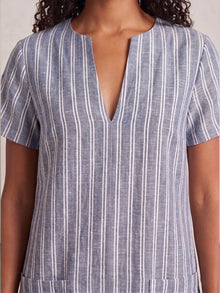 Blue White Stripe Linen Blend Shift Dress with patch pocket