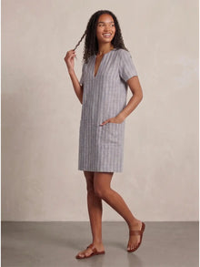 Blue White Stripe Linen Blend Shift Dress with patch pocket