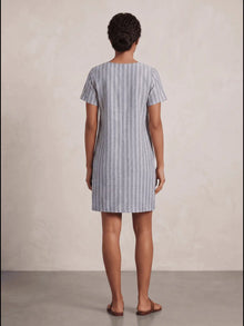 Blue White Stripe Linen Blend Shift Dress with patch pocket