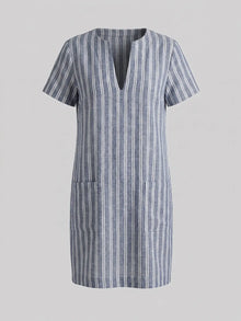 Blue White Stripe Linen Blend Shift Dress with patch pocket