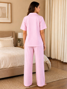 Pink & White Striped Cotton Night Suit Set With Half Sleeve Shirt & Pant