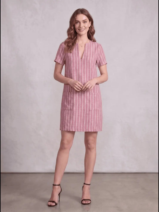 Pink White Stripe Linen Blend Shift Dress with patch pocket