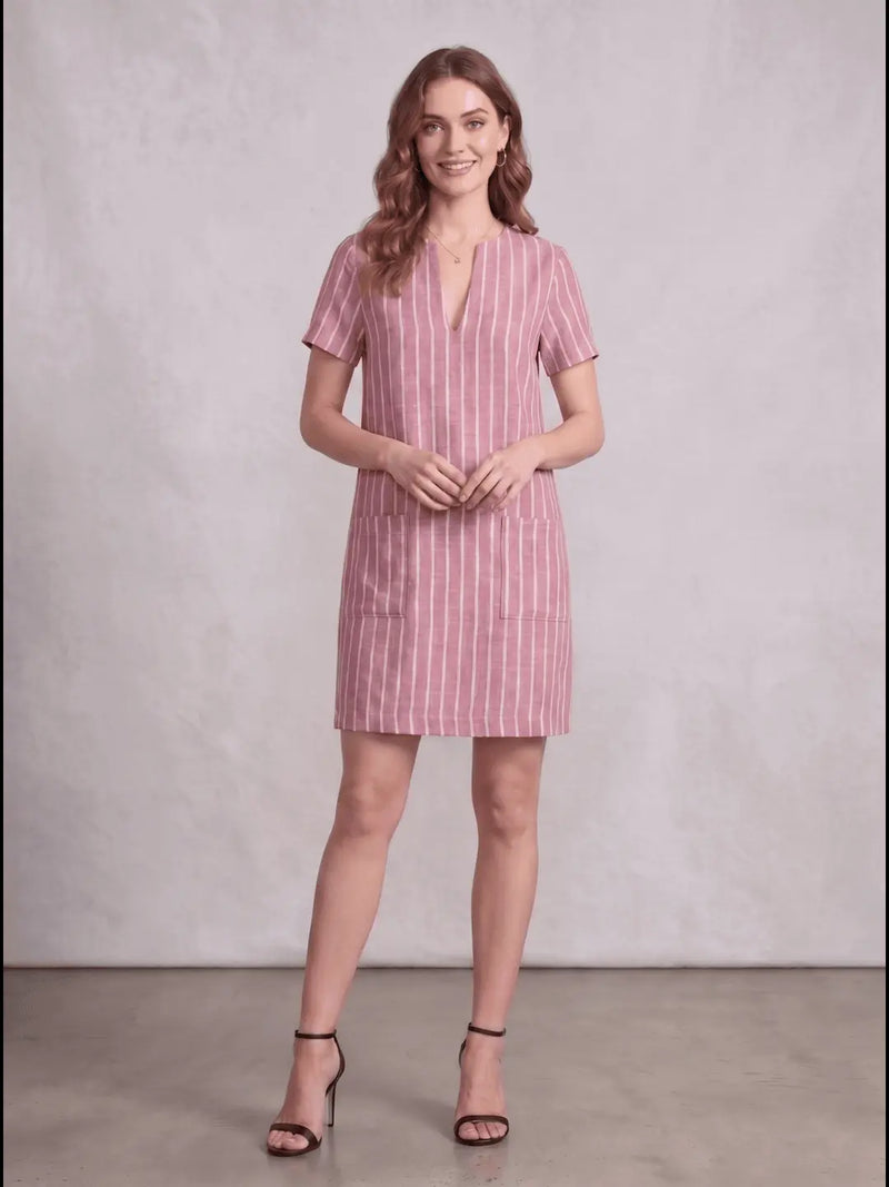 Pink White Stripe Linen Blend Shift Dress with patch pocket