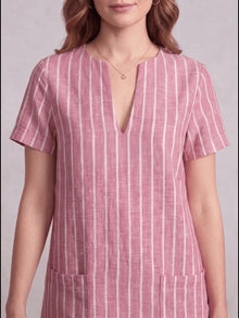 Pink White Stripe Linen Blend Shift Dress with patch pocket