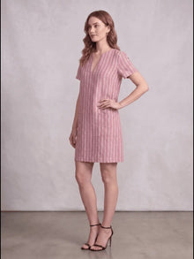 Pink White Stripe Linen Blend Shift Dress with patch pocket