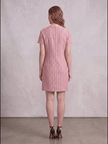 Pink White Stripe Linen Blend Shift Dress with patch pocket