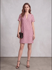 Pink White Stripe Linen Blend Shift Dress with patch pocket