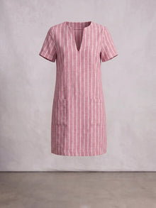 Pink White Stripe Linen Blend Shift Dress with patch pocket