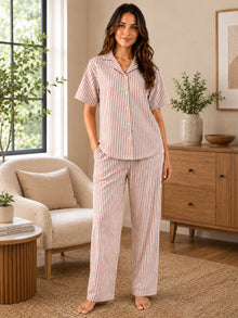 Brown & White Striped Cotton Night Suit Set With Half Sleeve Shirt & Pant