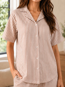 Brown & White Striped Cotton Night Suit Set With Half Sleeve Shirt & Pant