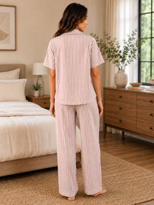 Brown & White Striped Cotton Night Suit Set With Half Sleeve Shirt & Pant