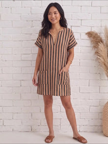 Brown Black Stripe Linen Blend Shift Dress with patch pocket